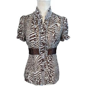 Cotton Express Blouse Top Women's Medium Babydoll Sheer Brown Animal Pri…